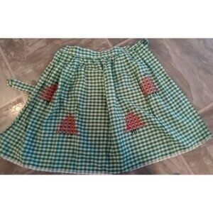 VTG Green Gingham Half Apron Embroidered Cross Stitch No Pockets